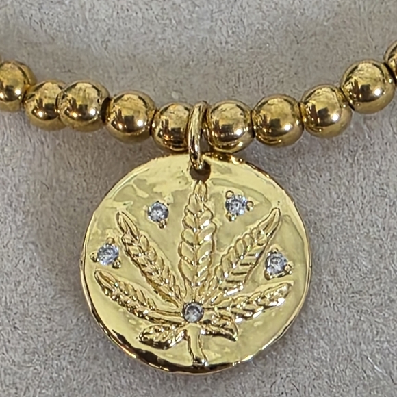 Brass Bead Stretch Bracelet with Mary Jane Leaf Charm - Picture 3 of 7